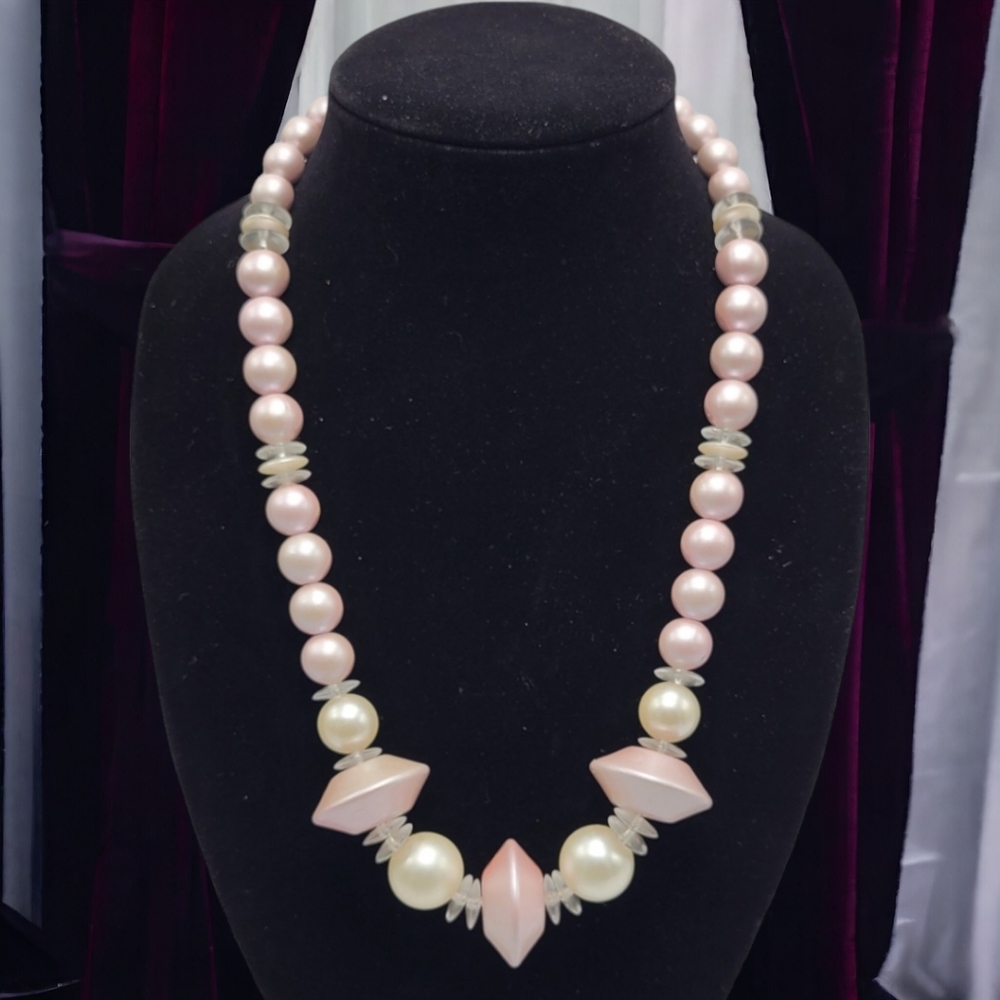 Vintage 1980s Pink Lucite Beaded Necklace Chunky Geometric 25"